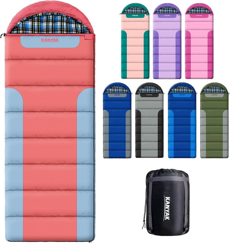 Kanyak Cotton Flannel Lined Sleeping Bag for Adults Teens Kids, Cold Weather &Warm, 3 Seasons, Lightweight Compact Camping Essentials Equipment, Hiking, Outdoor, Travel - Image 1
